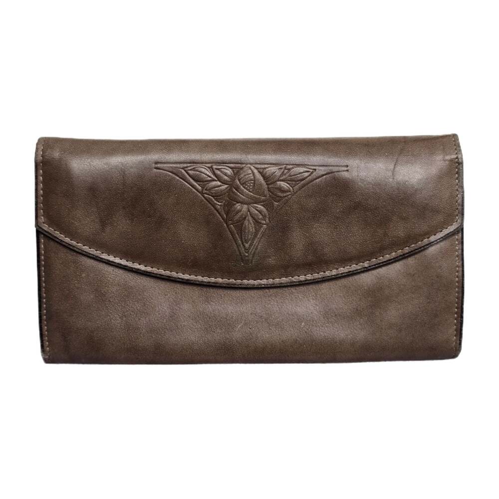 Vintage Rolfs Brown Cowhide Leather Kisslock Clutch Wallet with Embossed Rose